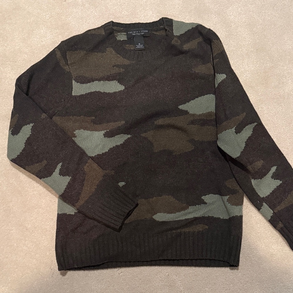 Bloomingdale's Men's Green and Brown Camouflage Merino Wool Crewneck Sweater